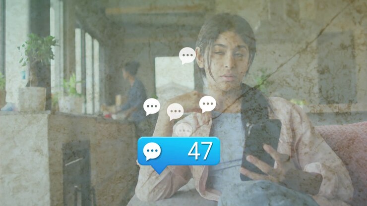 Checking phone notifications, woman with animation of message icons in background