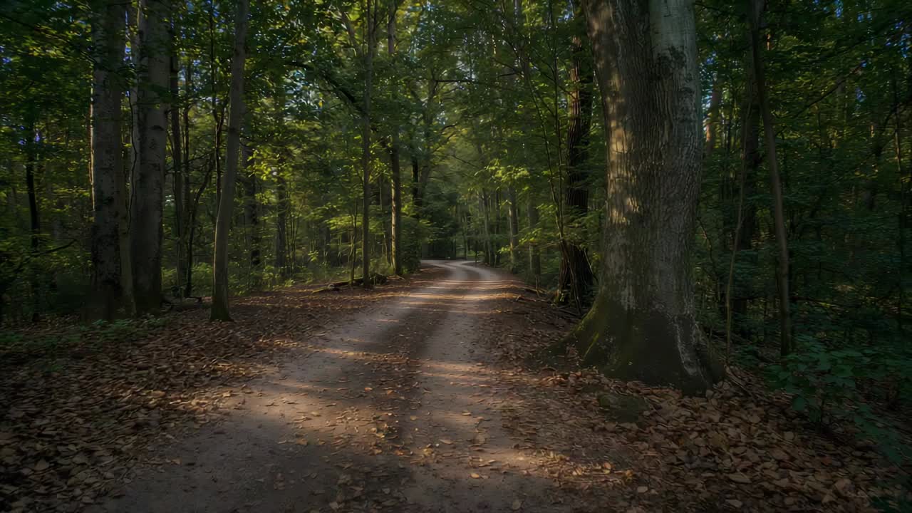 森のわだちのある未舗装道路に沿ってカメラのトラッキングを開始し、苔むした幹と落ち葉を映し出します。