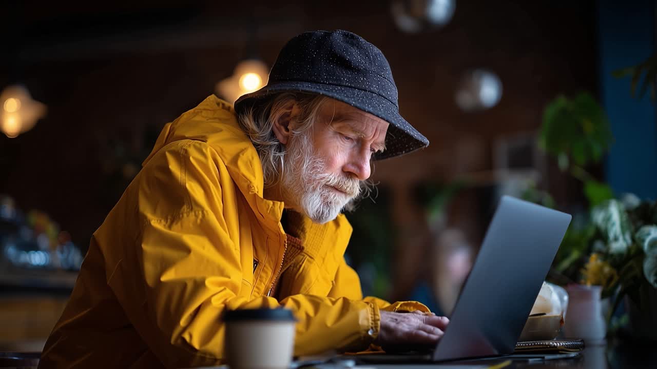 Senior man in yellow jacket works on laptop. He wears a hat, focused on screen. Warm lights, plants, coffee cup nearby. Cozy, quiet atmosphere, late evening. Perfect for retirement, remote work