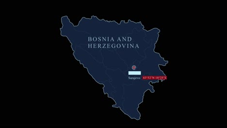 stylized bosnia and herzegovina map with sarajevo capital city and geographic coordinates on black background