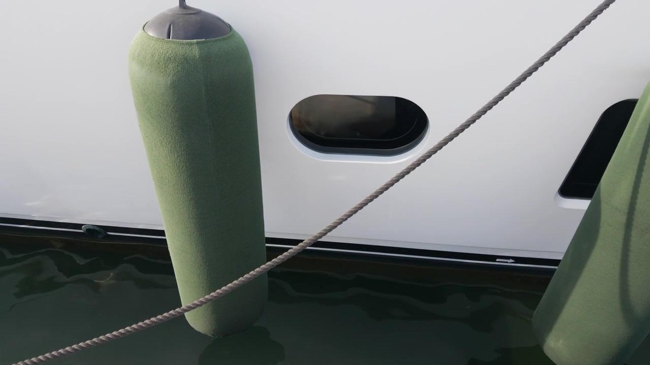 Primo piano estremo di parabordi verdi di una barca e un oblò sullo scafo di uno yacht, con una cima d'ormeggio che attraversa l'inquadratura, Golfe-Juan, Francia