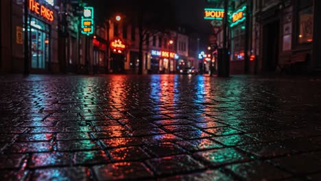 a rainy night in a vibrant cityscape: discover the gleaming reflections on cobblestone streets illuminated by neon lights