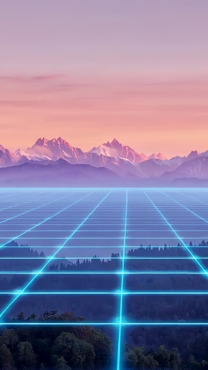 Vertical video: Animating glowing cyan grid gliding toward horizon at dusk, emphasizing depth