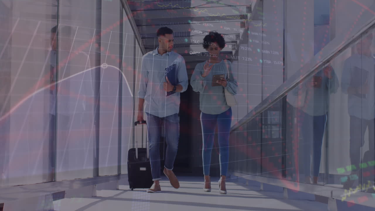 animación del procesamiento de datos financieros sobre diversos empresarios en el aeropuerto