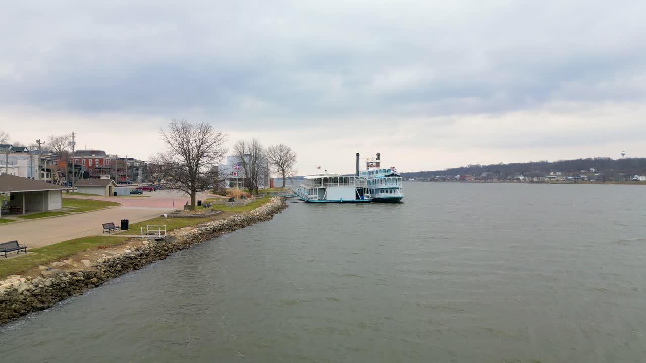 Drone footage of a paddle steamer in Le Claire Iowa