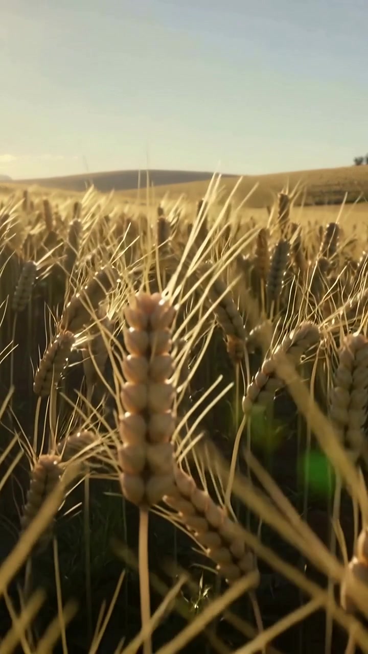 Video vertical: Cámara moviéndose entre tallos de trigo al atardecer, revelando granos a contraluz y colinas.
