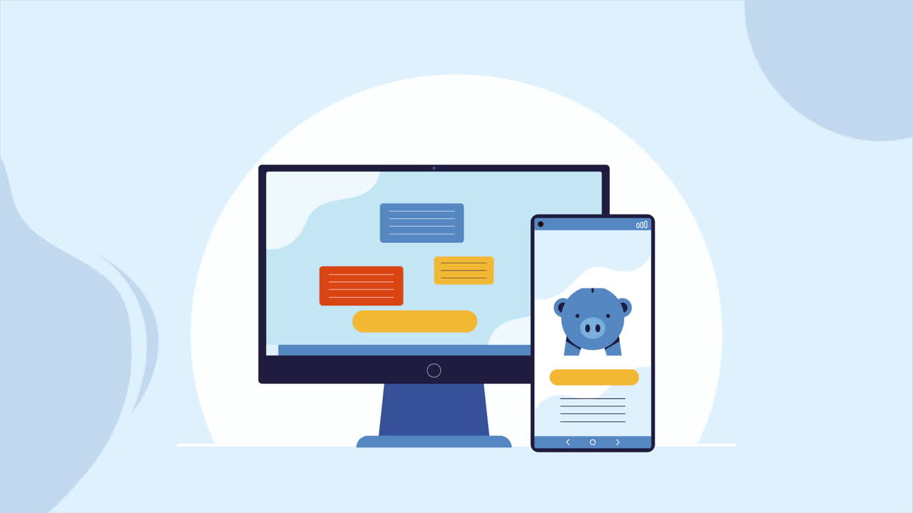 desktop computer with smartphone devices animation