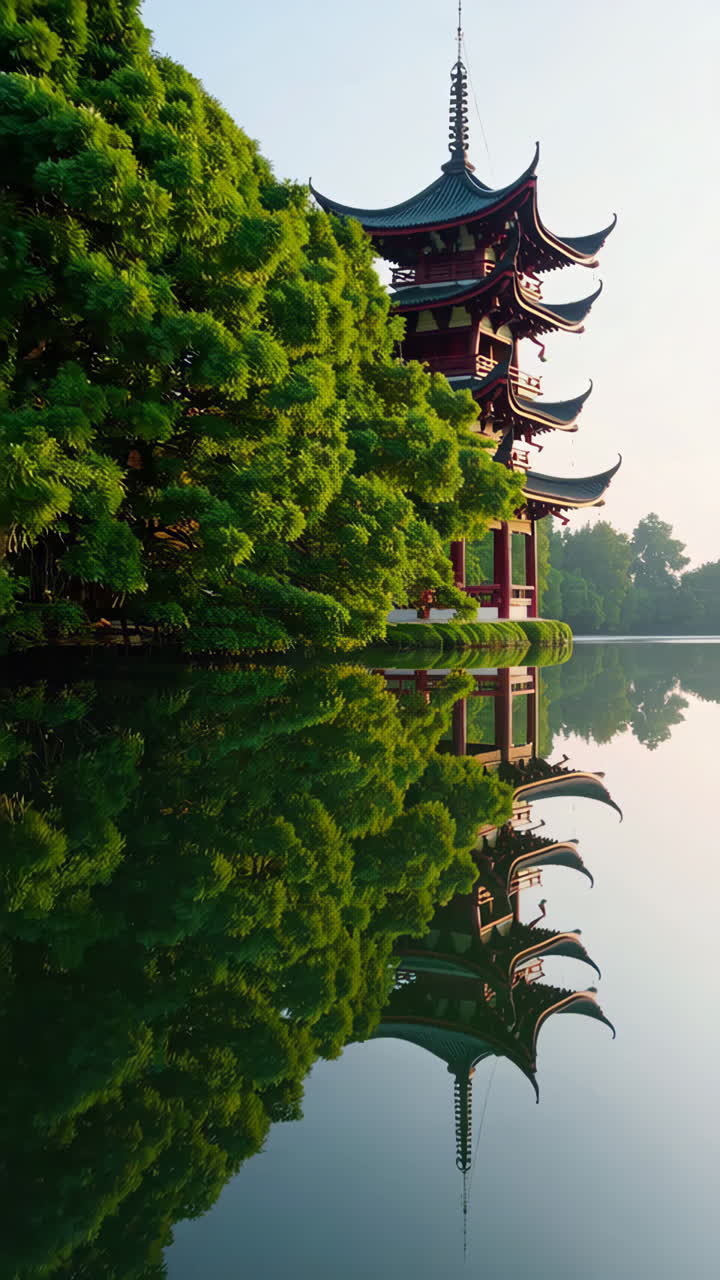 Japanese Pagoda Reflecting in a Calm Lake