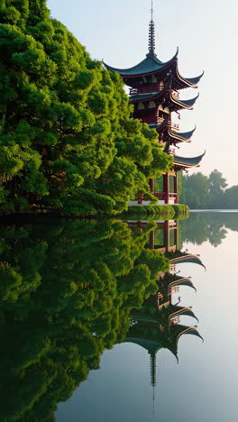 japanese pagoda reflecting in a calm lake