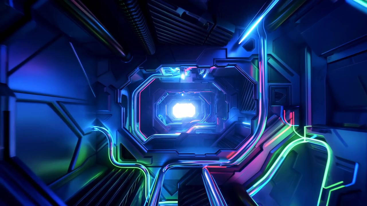 Corridoio al neon luminoso che conduce a un hub, pareti metalliche delineate con profili LED colorati e centro pulsante.