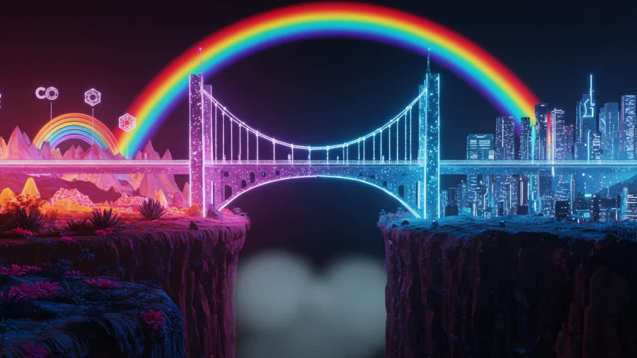 A Vibrant Neon Bridge Connecting Two Imaginative Worlds Under a Bright Rainbow with Futuristic Cityscape and Colorful Mountains on Each Side