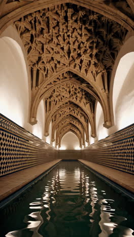 ornate moorish bathhouse with arched ceilings and reflecting pool