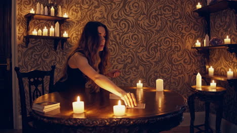 woman concentrating on tarot cards reading