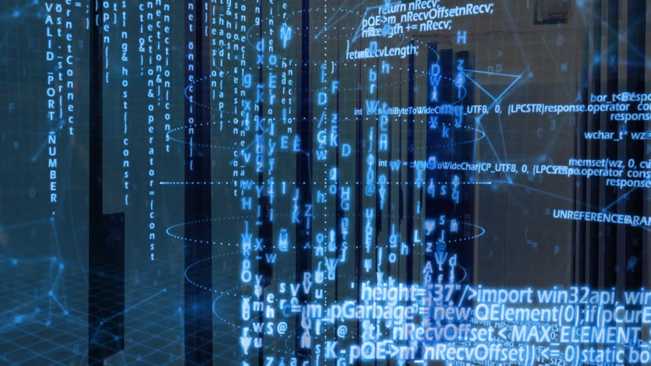 Glowing blue code streams floating in 3D data space, featuring wireframe grid and node connections