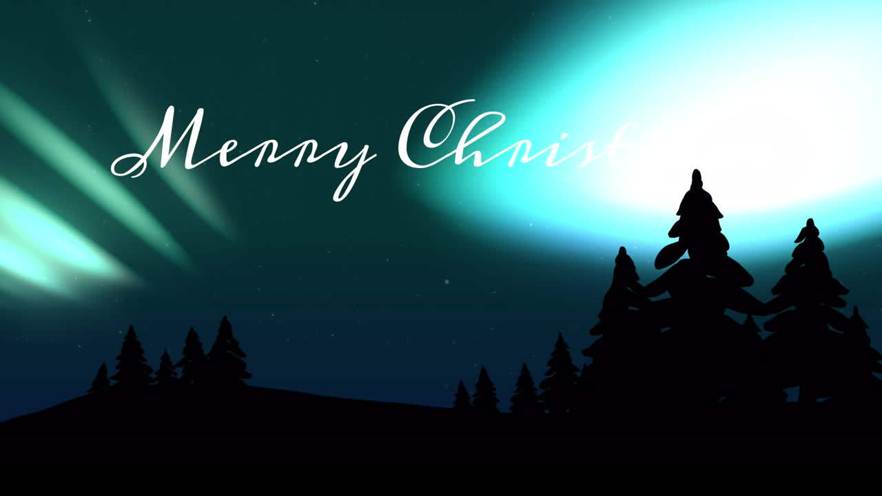 Merry Christmas text animation over night sky with northern lights and trees
