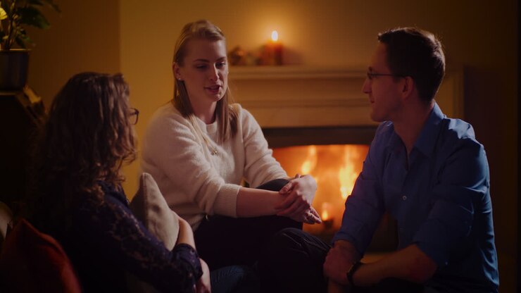 Group Conversation by the Fireplace