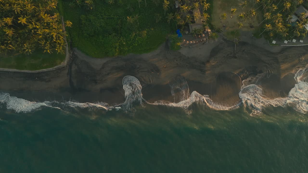 Droneskud ovenfra af bølger der slår ind over en tropisk sort sandstrand omkranset af palmer, der fanger dynamisk havbevægelse og frodig kystnatur