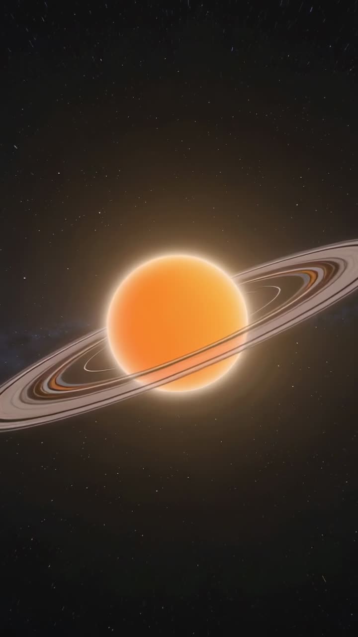 Video verticale: Telecamera che si avvicina rivelando un globo arancione con alone e sistema di anelli contro le stelle.