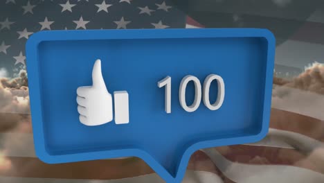 Animation-of-like-icon-with-numbers-on-speech-bubble-with-flag-of-usa