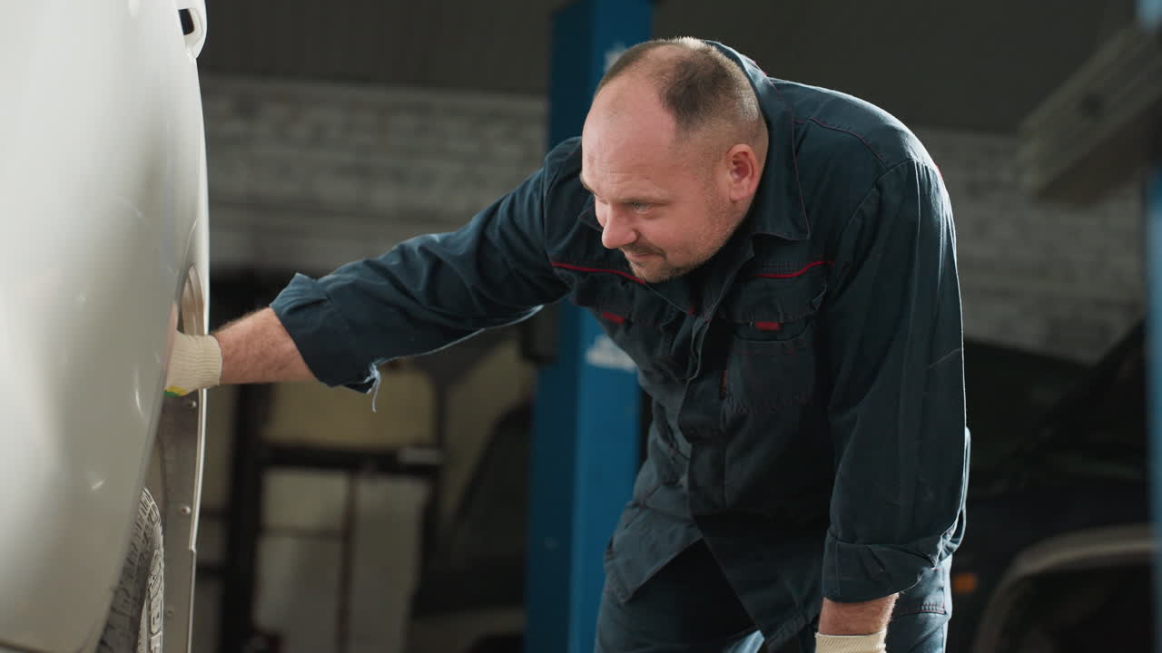 el enfoque intenso captura a un mecánico en uniforme azul usando una antorcha para inspeccionar un neumático de coche en un garaje, destacando la diligencia profesional en el mantenimiento de automóviles