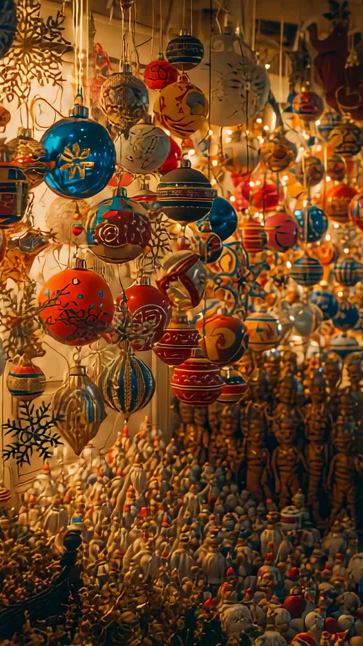 Vertical video: Panning camera showcasing painted red gold baubles in shop, with figurines