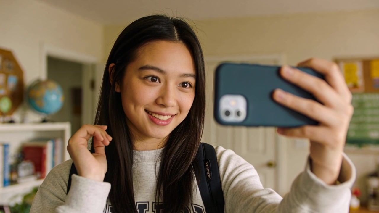 Alzando il telefono, studente che si scatta un selfie in camera da letto, sistemandosi i capelli, mostrando una custodia blu e una felpa.