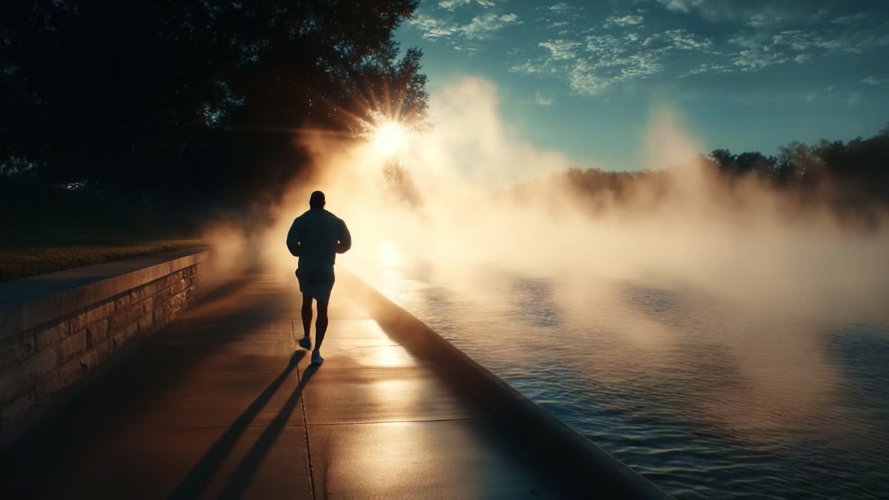 A solitary runner enjoys a tranquil morning jog along a riverbank, with golden sunlight breaking through misty surroundings, creating a serene atmosphere for fitness and reflection
