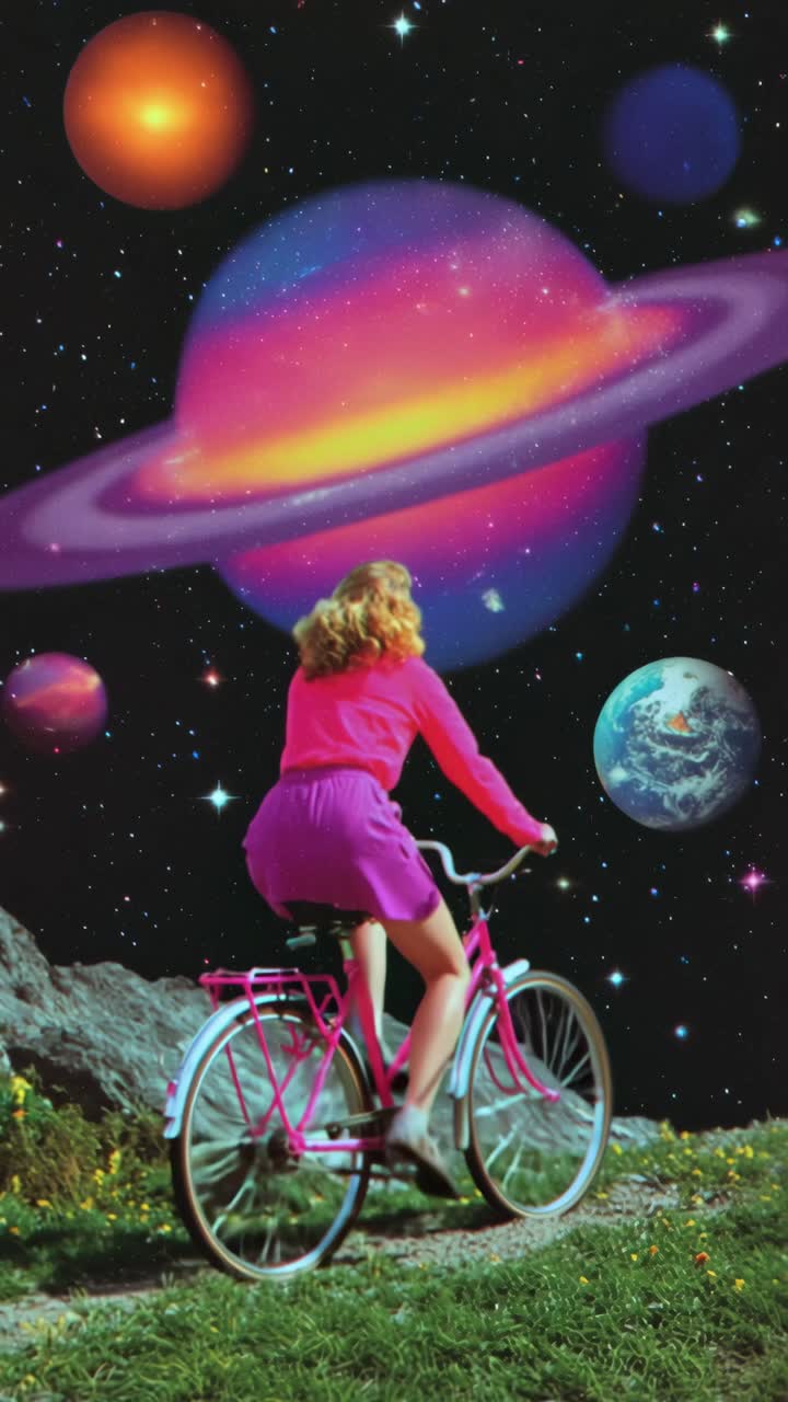 A surreal video concept with a low-angle view of a woman cycling towards a cosmic sky