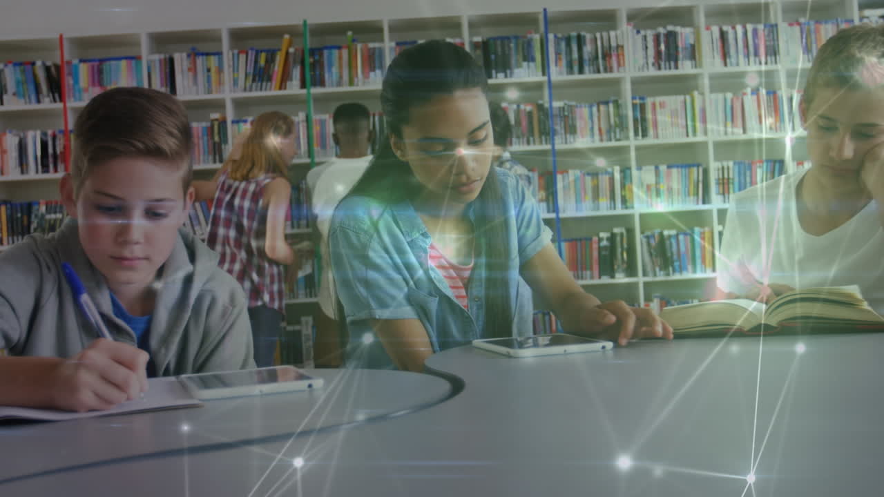 animación de la red de conexiones entre diversos escolares que leen y aprenden en la escuela