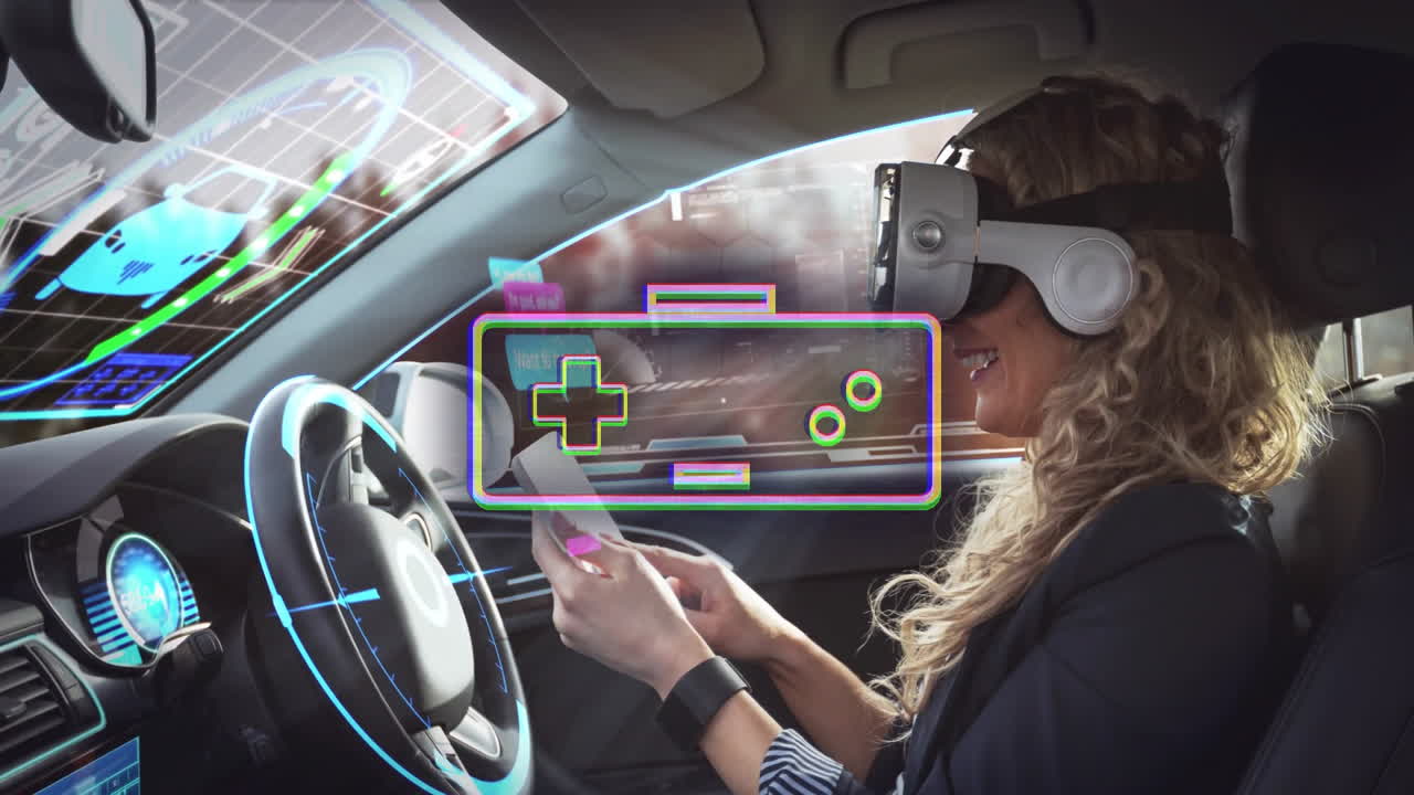 In futuristic car, woman wearing VR headset interacting with digital animation interface