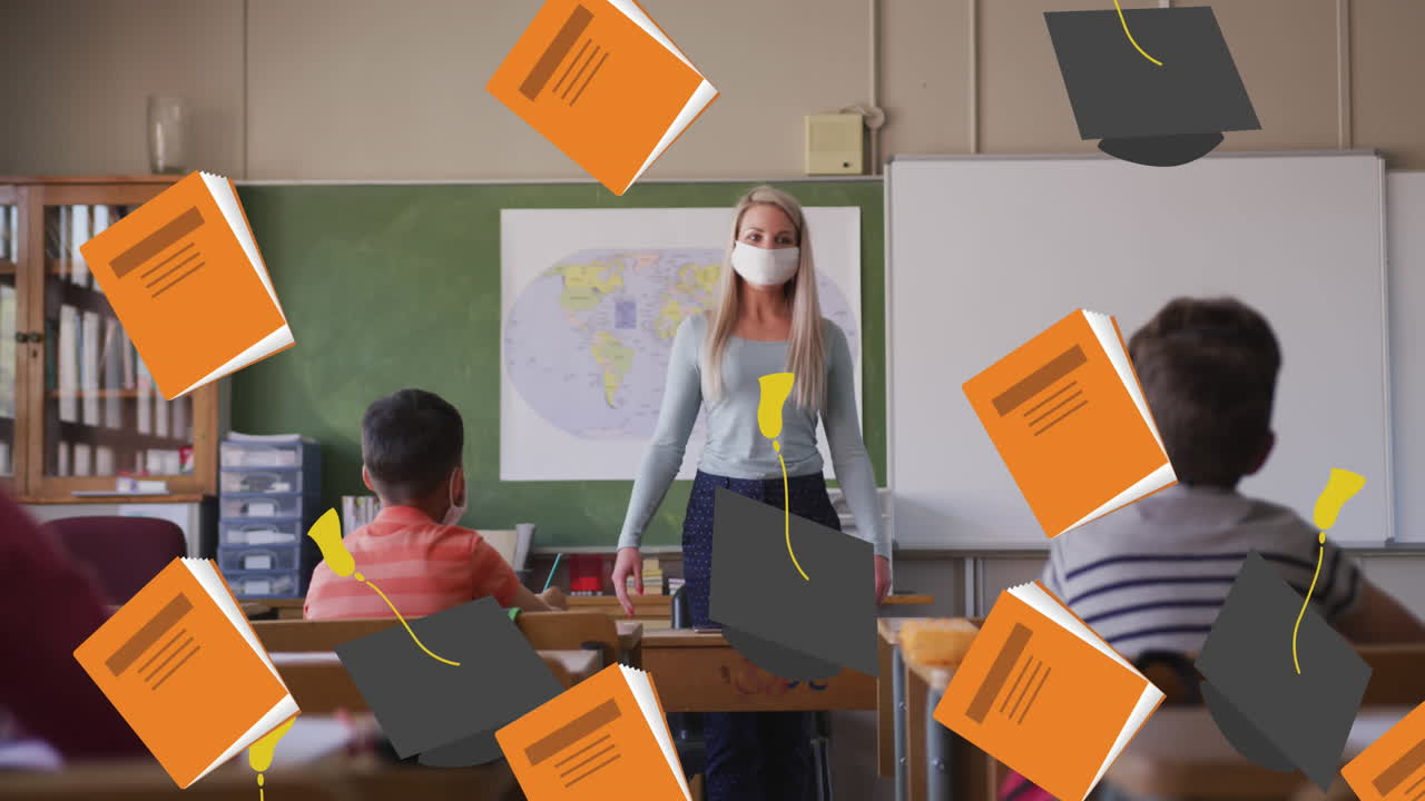 анимация школьных предметов, значки, движущиеся над школьниками в масках