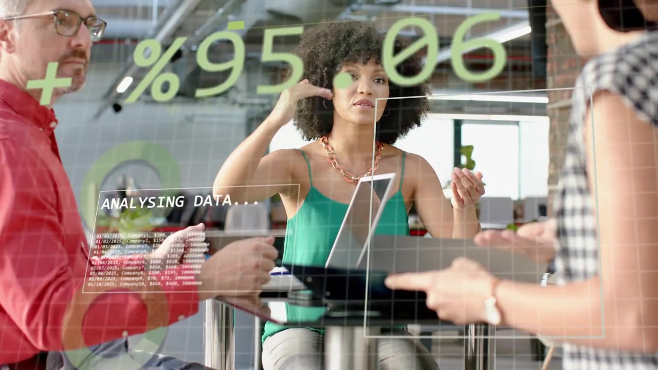 Lead woman gesturing, left man typing starting business overlay showing ANALYSING % to plan