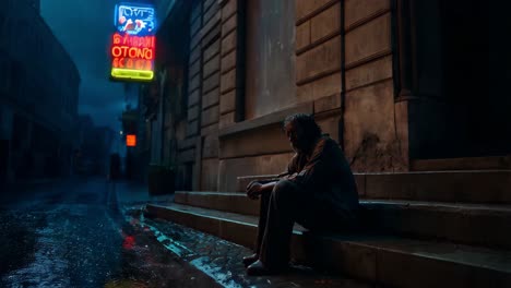 a man sitting alone on a rainy night street