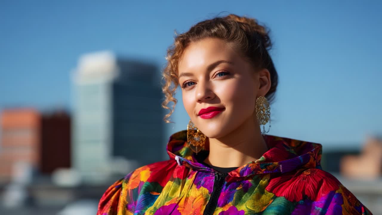Una joven segura de sí misma con una colorida chaqueta floral y pendientes llamativos posando con un cielo azul brillante de fondo, irradiando estilo y actitud