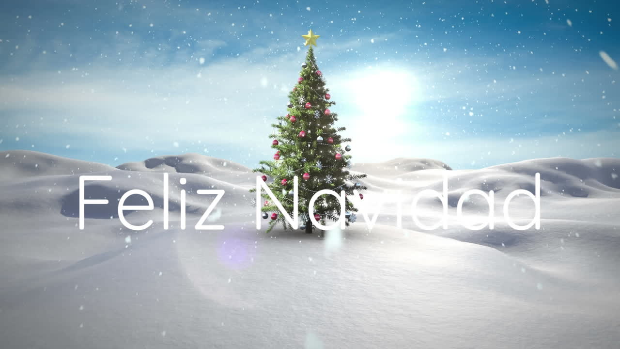 animación de feliz navidad texto sobre árbol de navidad y nieve cayendo en el paisaje de invierno