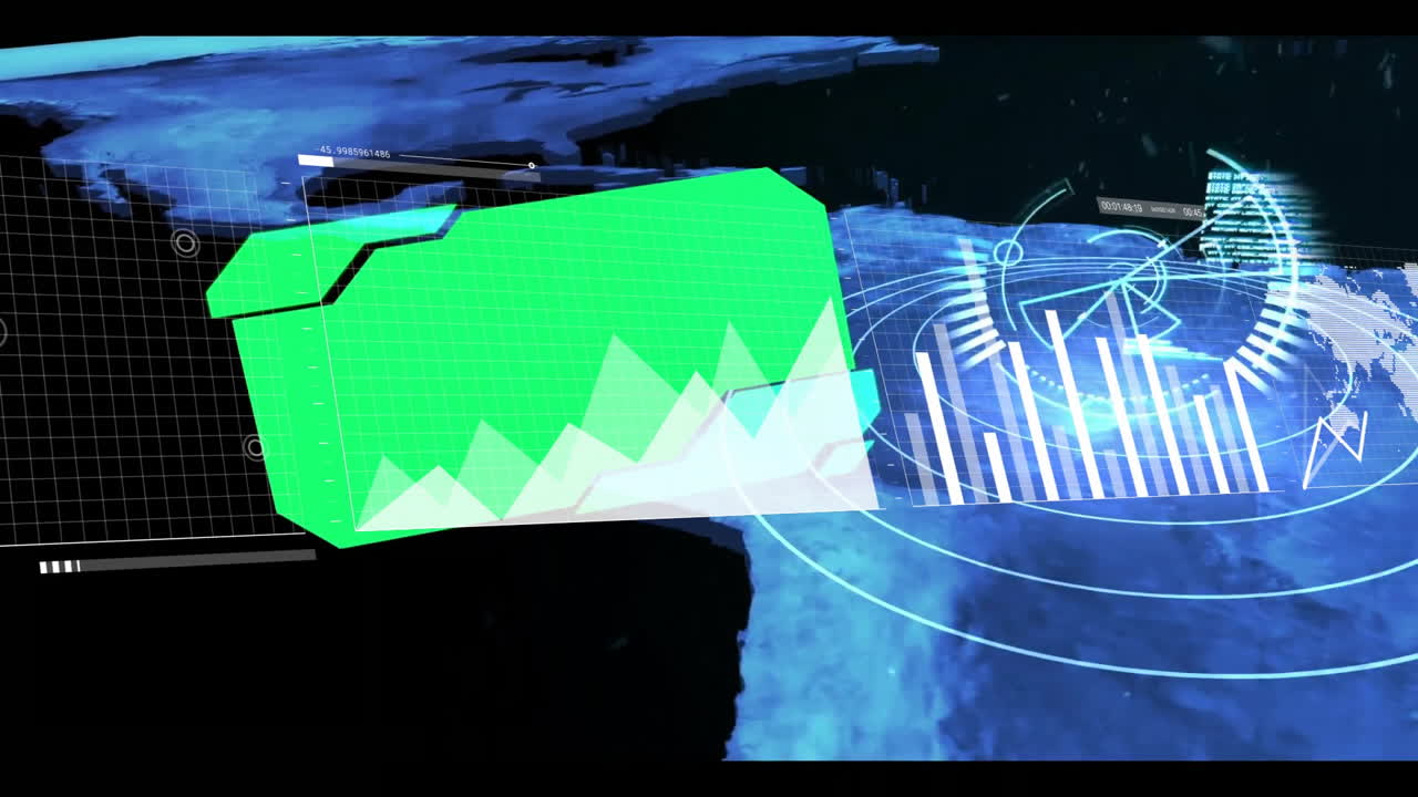 Green graph animation over digital map with futuristic data visualization elements