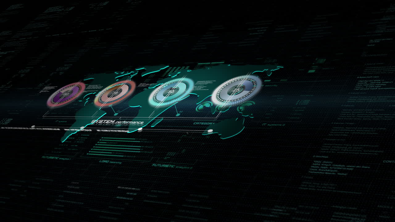 4K futuristic HUD animation showing data analytics over a glowing world map. Colorful progress circles display system performance and statistics. Ideal for tech, data, or infographic projects