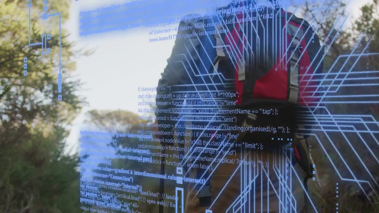 Camera pulling back, hiker holding pole with pack heading toward sunlit area, tech HUD fading