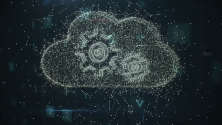 Animation of scanning, malware and cloud with cogs over black background