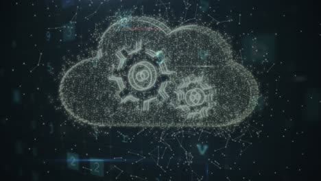 animación de escaneo, malware y nube con engranajes sobre fondo negro