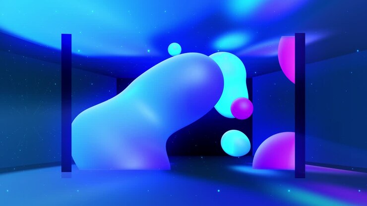 Spheres merge like liquid drops or metaballs move in-air smoothly, like underwater. Abstract liquid gradient of colors on beautiful 3d spherical forms, multi-colored glow, scattering light inside. 7