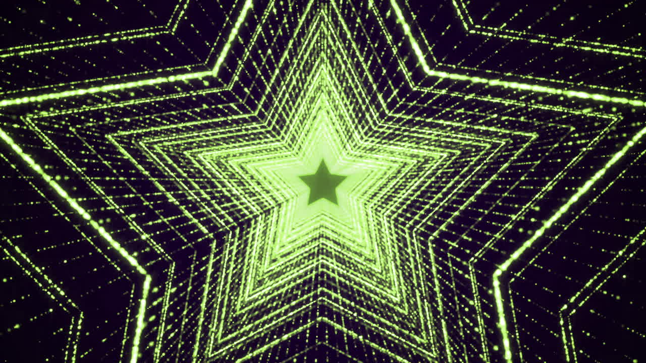 Tunnel futuristico a stella verde con particelle luminose