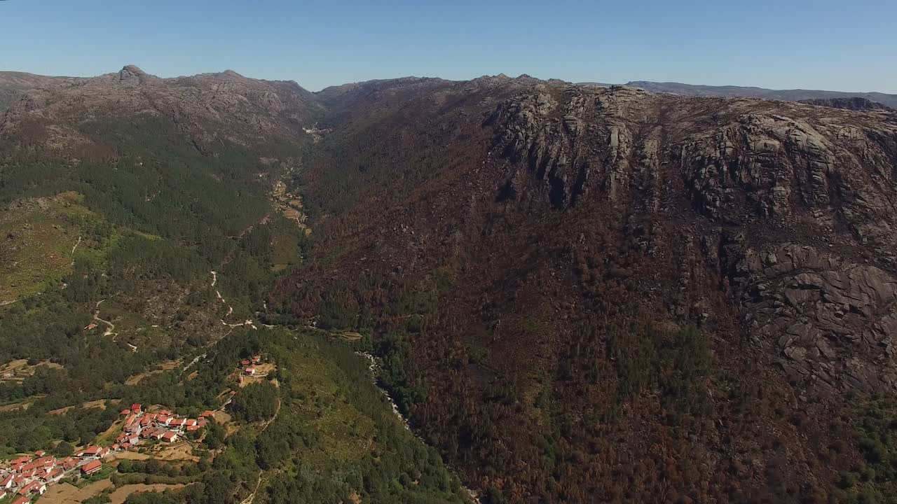 altas montañas cerca de la vista aérea del pequeño pueblo