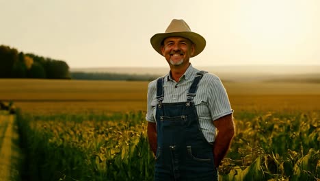 happy farmer in a cornfield at sunset