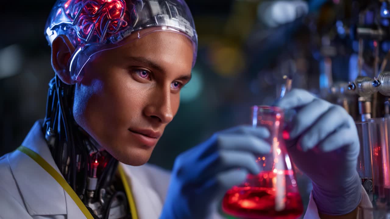 A futuristic scientist, merging human intellect and robotic technology, carefully examines a glowing red liquid in a laboratory filled with advanced instruments