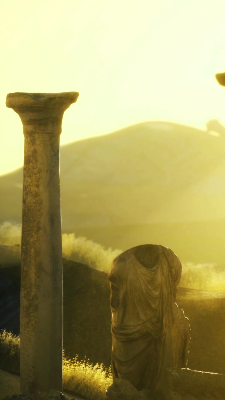 Tramonto su antiche rovine in un paesaggio tranquillo con colonne di pietra.