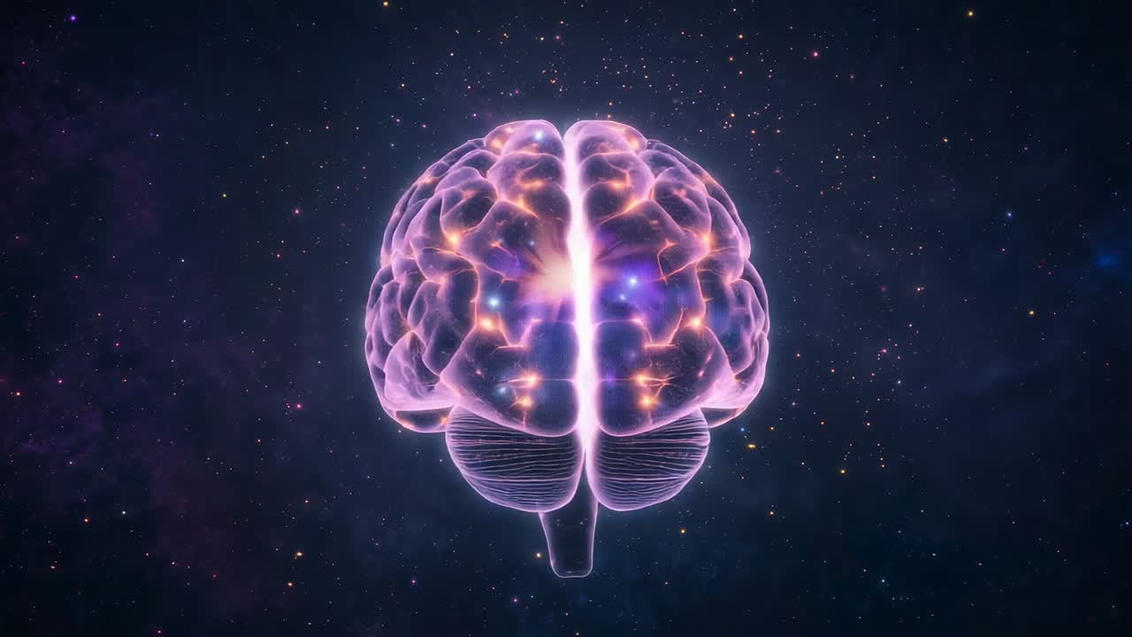 Opening translucent 3D brain model rotating in star-speckled space, showing glowing neural pathways