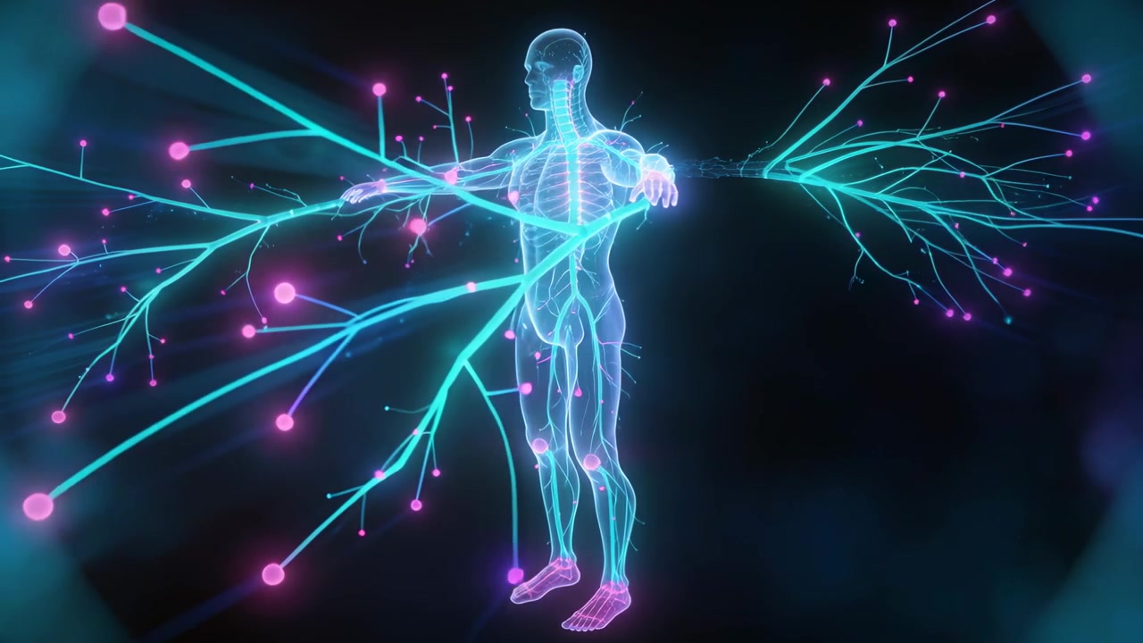 Reacting to magenta node pulses, cyan anatomical model rotating with branching nerves in nebula