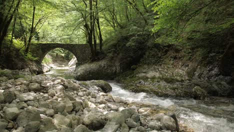 river flowing in secluded idyllic canyon, stone bridge crossing, lush greenery