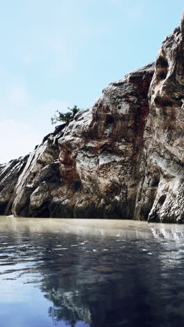 a cliff face with a rocky shore and a body of water in the foreground.